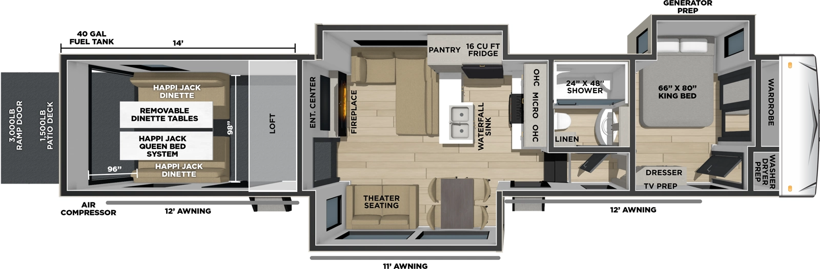 The Shockwave 4114GX floorplan is a toy hauler that has two entries and three slide outs. Exterior features include: fiberglass exterior, 12' and 11' & 12' awning. Interiors features include: free-standing dinette option and front bedroom.